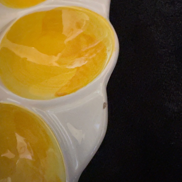 Vintage Deviled Egg Platter Hand Painted with Fruit Center Bright Yellow - Picture 5 of 6